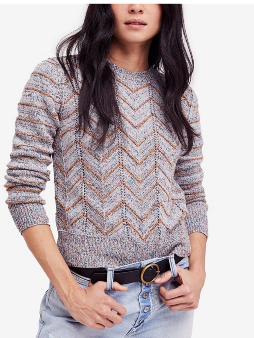 Free People Gray Marled Chevron Knit Crewneck Sweater Women’s Medium